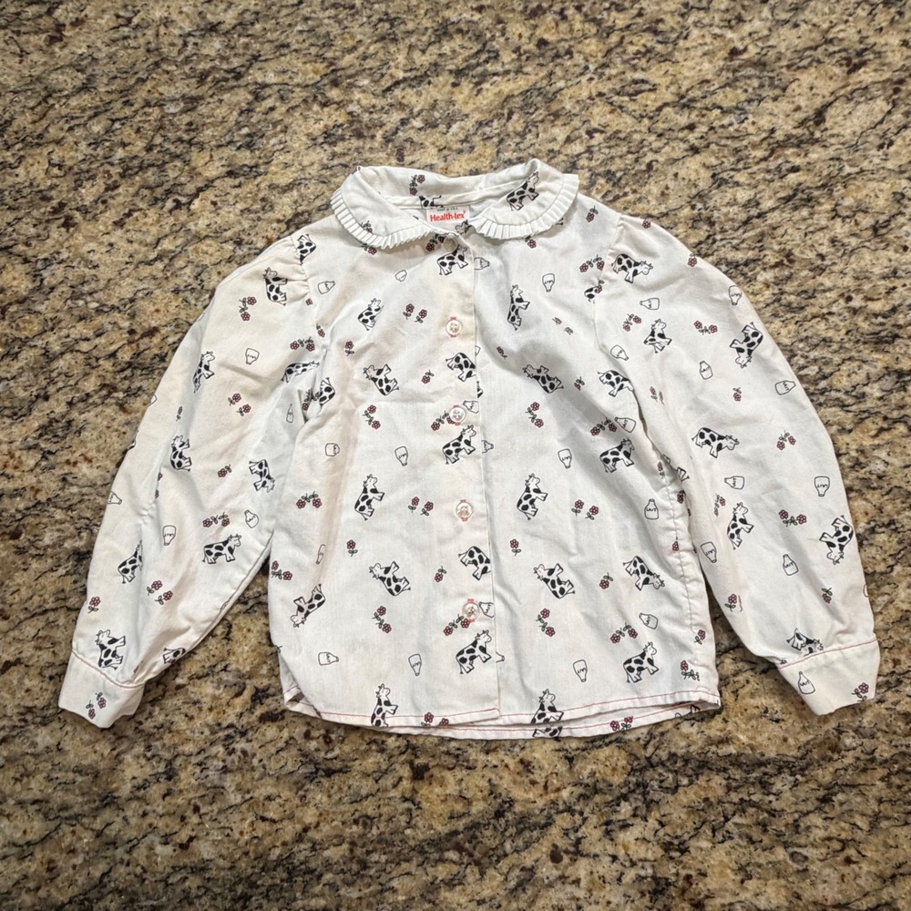 Vintage Health-tex Girls Cow Print Ruffle Collar Button Down Shirt Size 6 ws